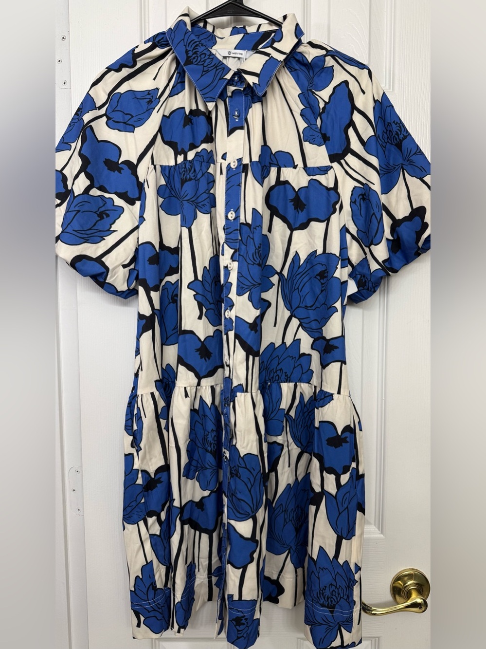 Wenrine Button-Front Floral Shirt Dress in Blue and Cream Sz L (sku0134)